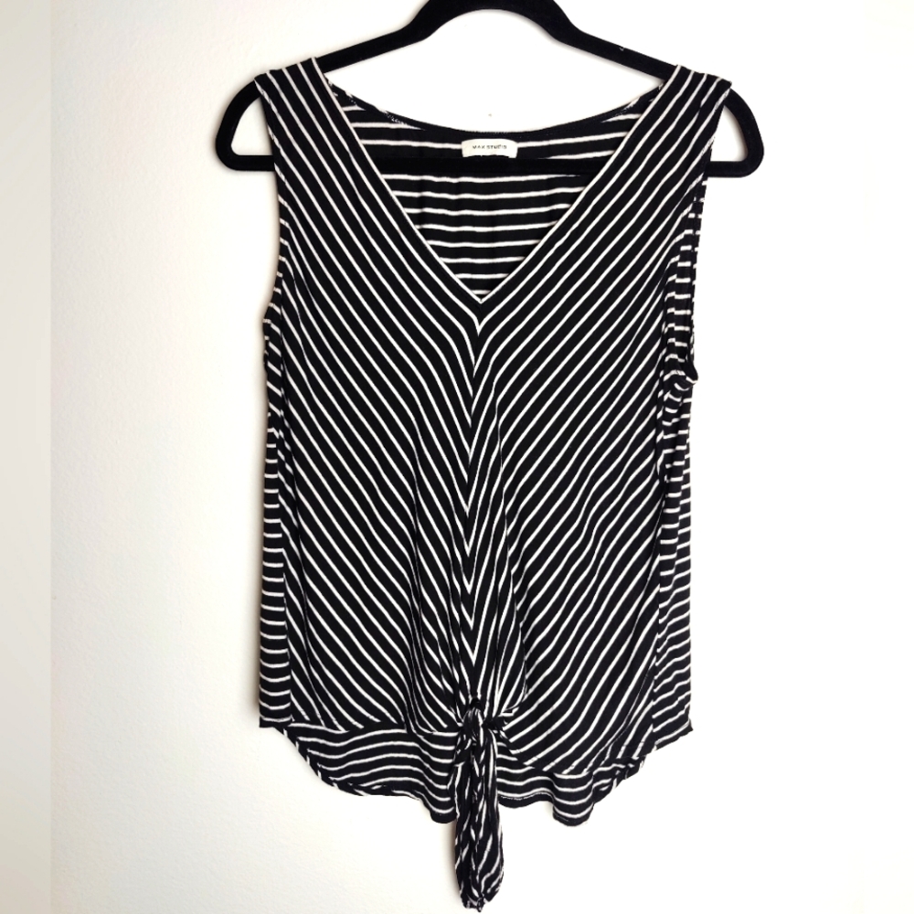 Max Studio Black/White Striped V-Neck Tie-Front Tank Top, Size M